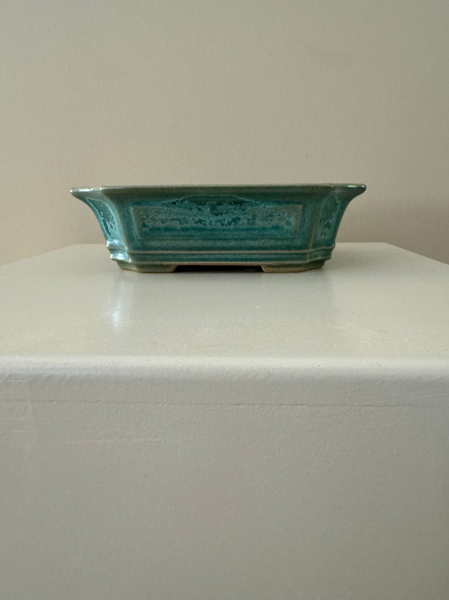 aged look glazed clay green blue bonsai pot
