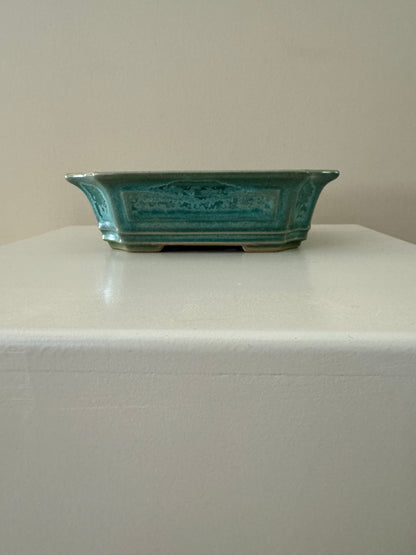 aged look glazed clay green blue bonsai pot