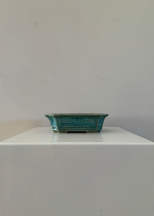 green blue chinese japanese style bonsai pot aged glazed clay